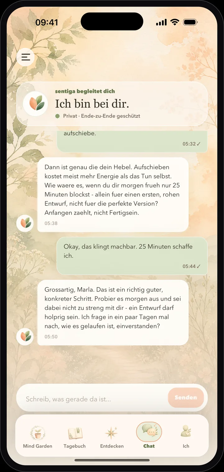 Screen des KI-Begleiters in der sentiga App