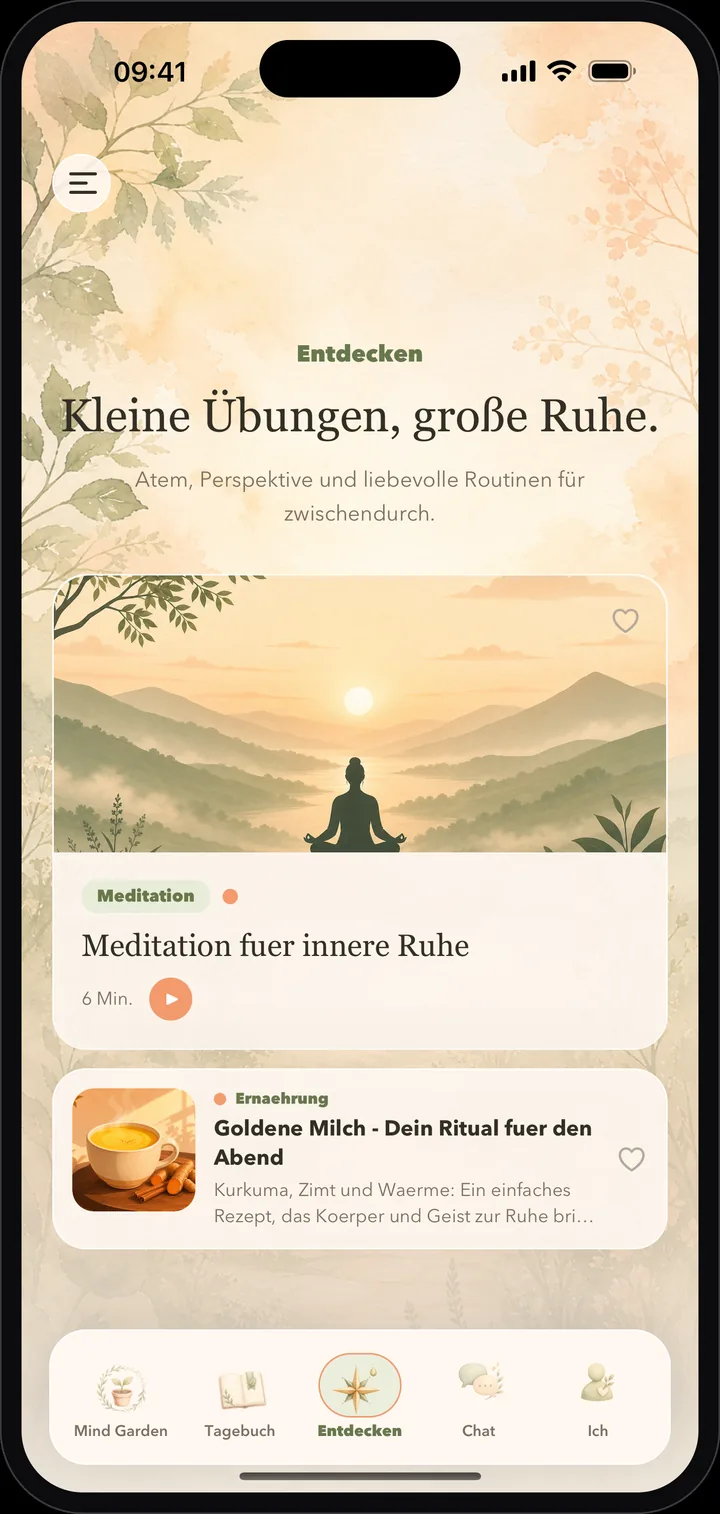Entdecken-Screen mit Meditationen und Übungen