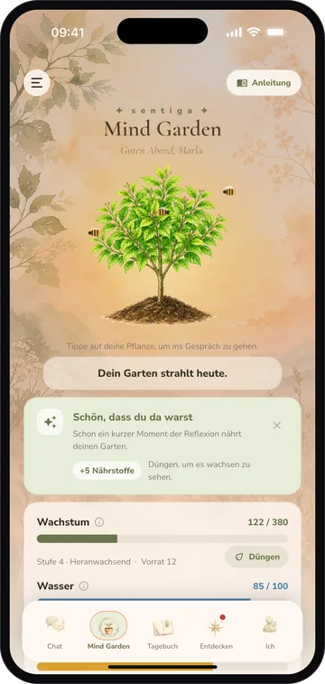 Mind Garden screen of the sentiga app
