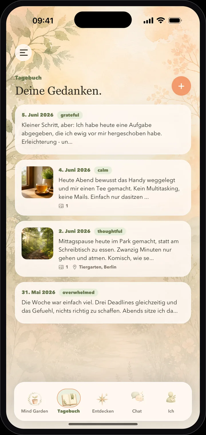 Tagebuch-Screen der sentiga App